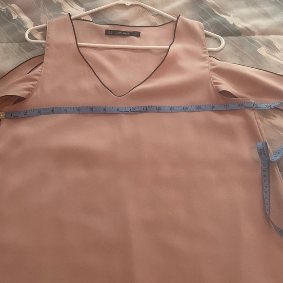 Zara pink dress with black trim sleeveless with scarf like sleeves V neck.M poly - Picture 6 of 11